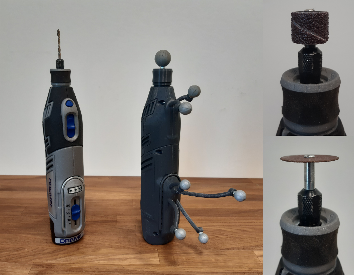 The original rotary tool, its tracked replica, and interchangeable tool bits